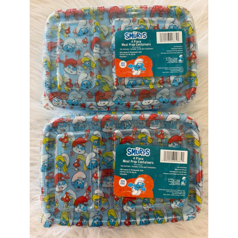 The Smurfs 4 Piece Meal Prep Containers 2 Pack Blue Divided BPA Free 25.3oz